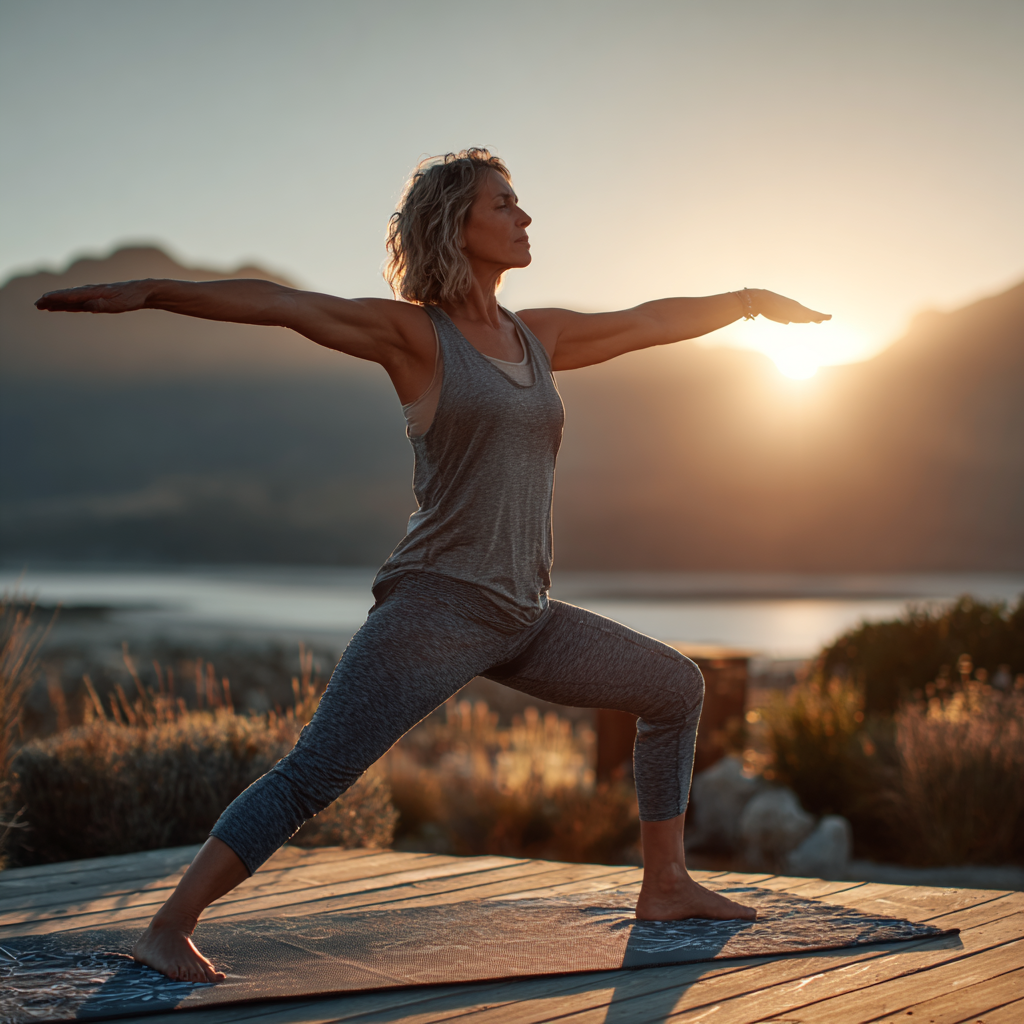 Mature woman in her late forties practicing yoga in a peaceful outdoor setting, demonstrating a graceful warrior pose on a yoga mat with mountains in the background, wearing comfortable athletic wear, exemplifying the serene and focused approach to wellness that appeals to adults seeking mindful movement and stress relief through yoga practice