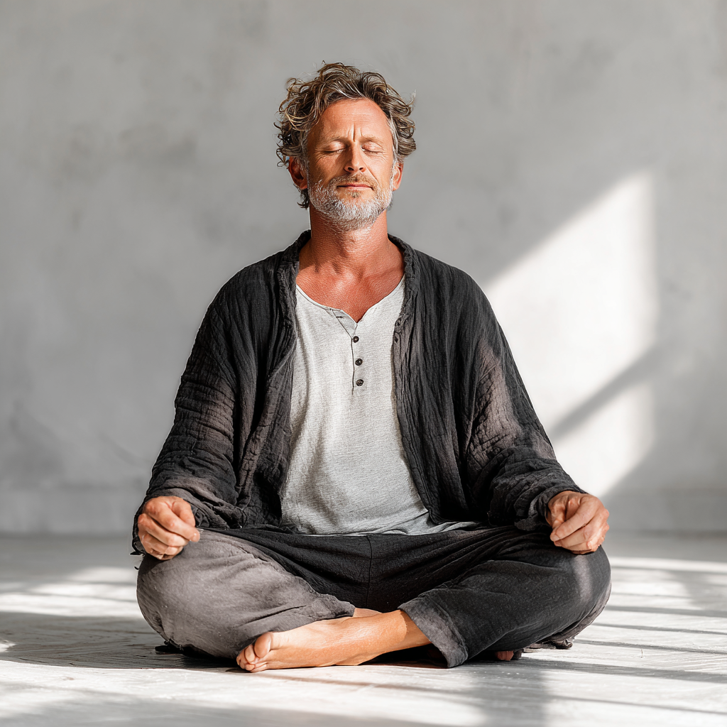 Peaceful middle-aged man around 50 years old sitting in lotus position during meditation, eyes closed in contemplative pose, wearing comfortable neutral clothing, practicing mindfulness in a bright airy studio space with natural lighting, embodying the calm and centered approach to yoga that resonates with mature adults seeking mental clarity and emotional balance
